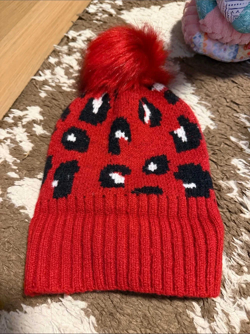 Red Leopard Pom Beanie Kids Winter Hat